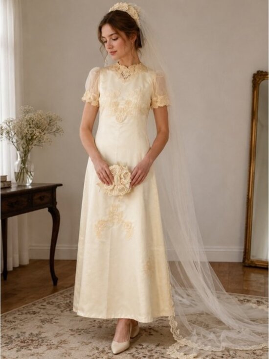 Dresses & Skirts - Vintage Womens Wedding Dress Set Small Cream Lace Satin Gown Veil Train Floral